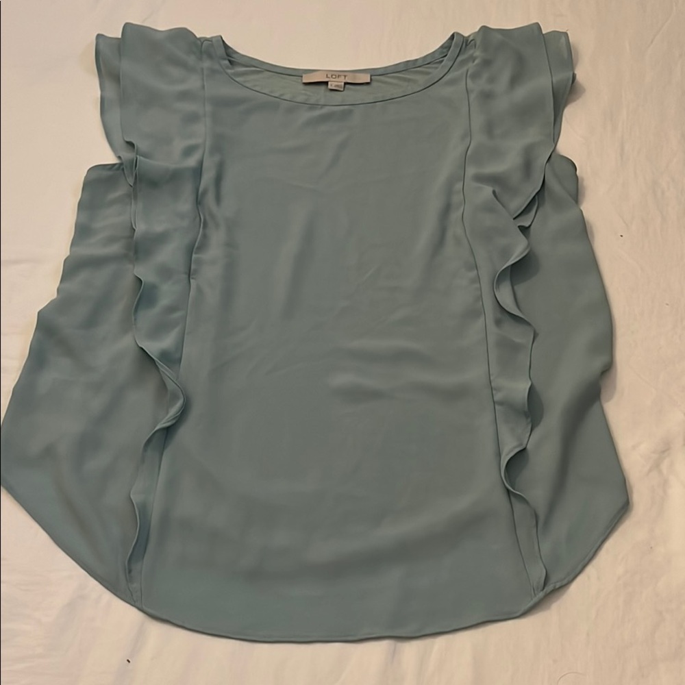LOFT Olive Green Ruffle Blouse Top Women Size Small Soft Silky Feel Dressy